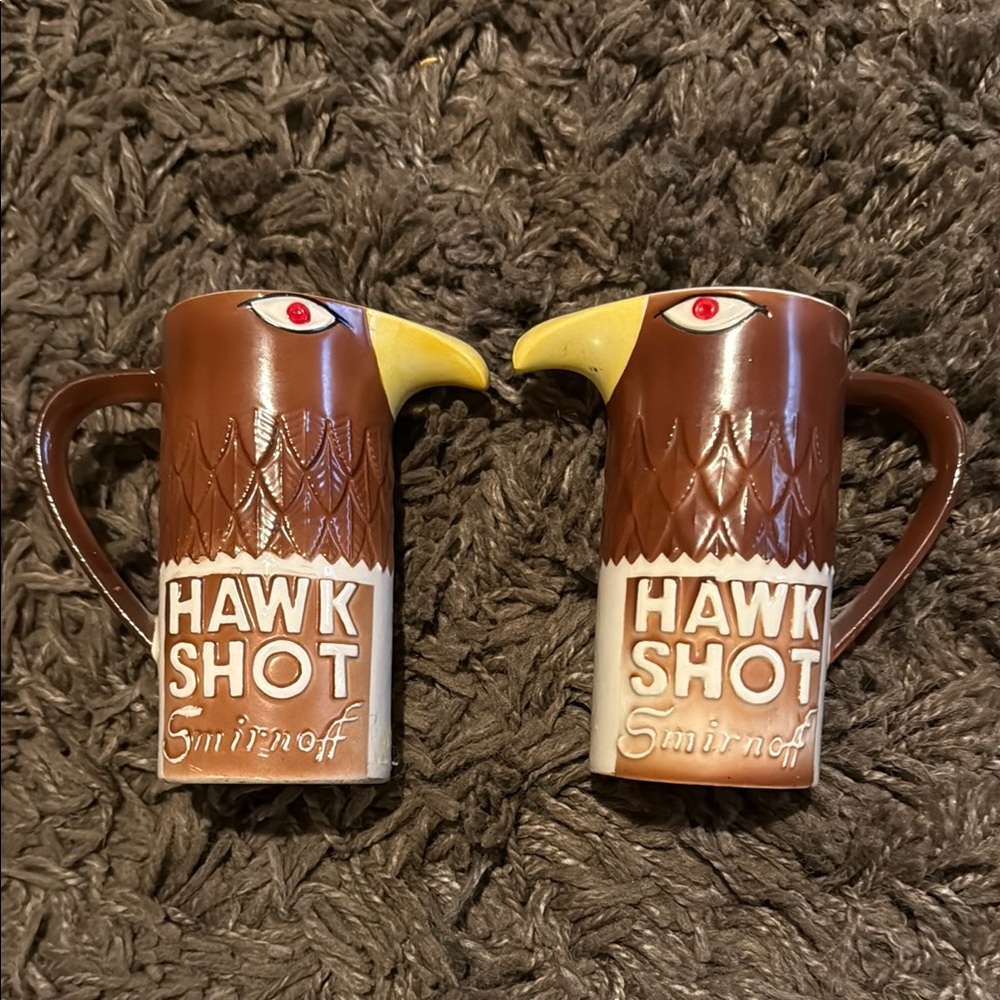 Vintage 1970 set of 2 Smirnoff Hawk Shot Brown Ceramic Mugs